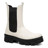 Bota Coturno Chelsea Off White Feminino Tratorado Macio