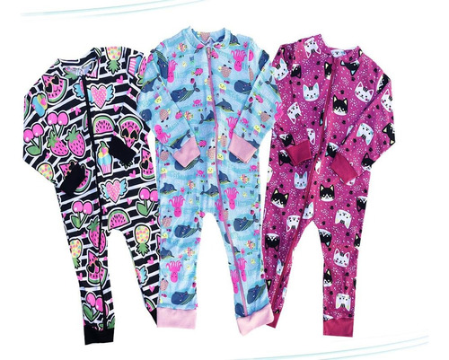 Roupa Infantil Kit 3 Macacão Zíper Longo Algodão Bebê Promo