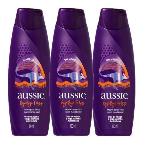 Kit 3 Shampoos Aussie Bye Bye Frizz Maciez E Brilho 180ml