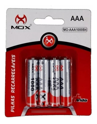 Pilha Palito Aaa Recarregável 1000mah Mox Kit 4 Unidades