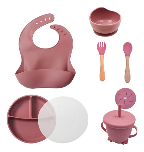 Set Plato Tapa Babero Cuchara Tenedor Tazón Vaso Bebé