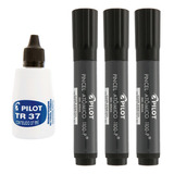 3 Pincel Atomico Canetao Recarregavel Preto Pilot + Refil