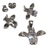 Conjunto Aros Dije Ángel Con Cubics Plata 925 Rodhinada