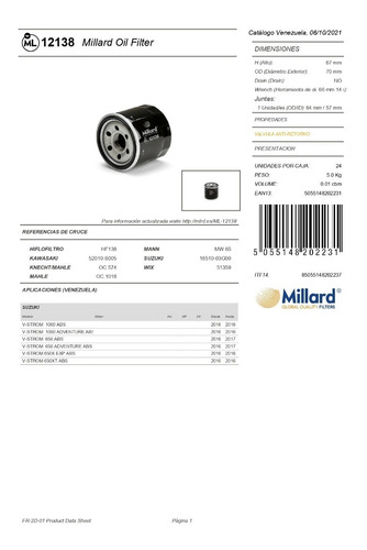 Filtro Aceite Millard Ml-12138 Moto Suzuki V Strom 1000 650 Foto 6