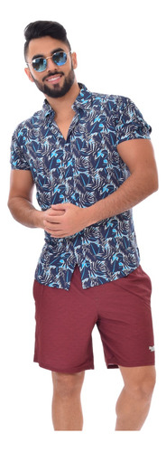 Camisa Floral Masculina Manga Curta Barata Praia Social Slim