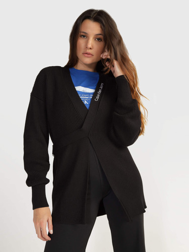 Suéter Negro Acanalado Con Cinta Y Logo Calvin Klein Mujer