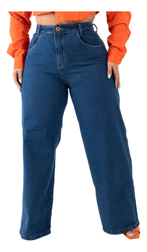 Calça Jeans Plus Size Lisa Wide Leg Barra Feita Basica