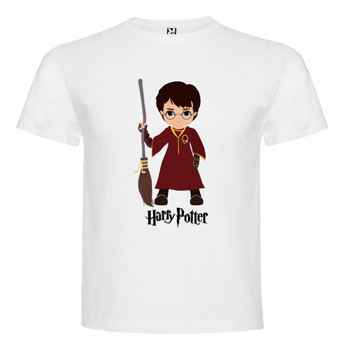 Polera Blanca Algodón 100% Niños Harry Potter Escoba