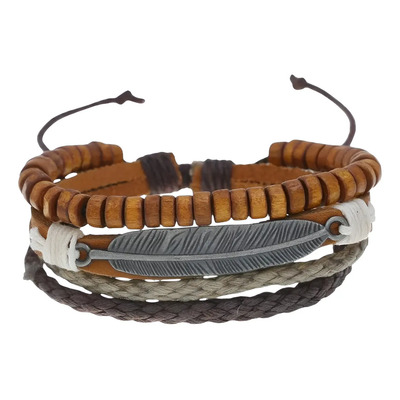 Pulsera De Pluma Cuentas De Madera Y Tejido Café Caballero