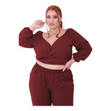 Conjunto Cropped Calça Gg Xg Plus Size Decotado Social Festa