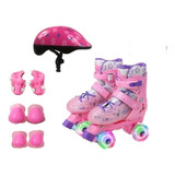 Patins Infantil Quad Rosa Regulagem Rodas Led Kit Proteção