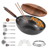 Sartén Wok De Acero Al Carbono, 13 Piezas Wok Set De 13 PuLG