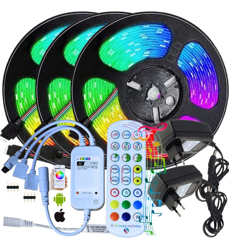 15mts Fita Led 5050 Rgb + Fonte + Controle Wifi Google Home