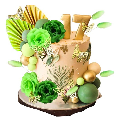 Cake Topper Para Pastel Floral Con Mariposas Verde 42 Pzas