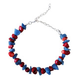 Pulseira Cascalho Natural Azul E Vermelho Fecho Banho Prata