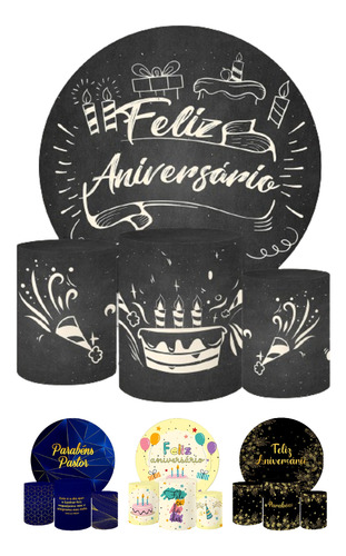 Painel Redondo E Capas Cilindro Sublimado Feliz Aniversário