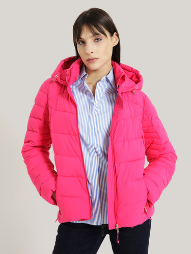 Parka Acolchada Con Cierre Y Gorro Rosado Tommy Hilfiger