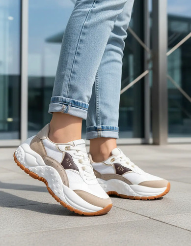 Tenis Sneakers Armani Exchange Con Plataforma Xl Mujer Blanco Café Original Exclusivo