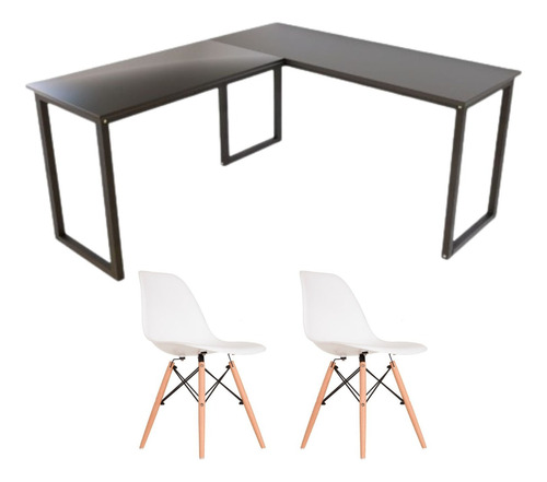 Mesa Em L Escritório Diretor 150x150cm + 2 Cadeira Eames