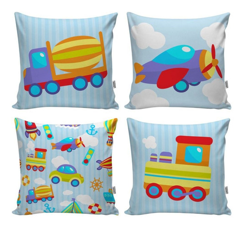 Kit 4 Capas Almofadas Infantil Carro Carrinho Trem Trenzinho