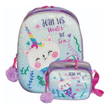 Kit Mochila Lonchera Kawaii Lentejuelas Niña Escuela Gato