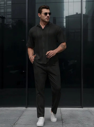 Conjunto De Camisa De Hombre De Rayas Jacquard En Color Sóli | MercadoLibre