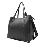 Cartera Tote Las Oreiro Cuero Vacuno Doble Tira Ajustable Color Negro Diseño De La Tela Liso