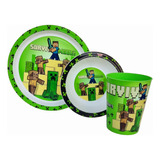 Set De Plato Playo Y Hondo + Vaso Infantil Diseño Minegraft