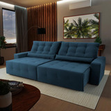 Sofá Retrátil/reclinável Montebello 2,70m Velut Azul C/molas Cor Azul-marinho
