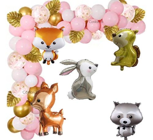 Combo Globos Bosque Chic Rosa Animalitos Selva Baby Deco 