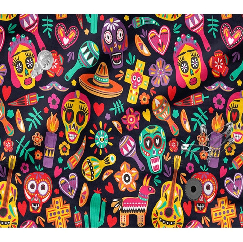 Tela Estampada Diseños Mexicano Día De Muertos Típico 1m.