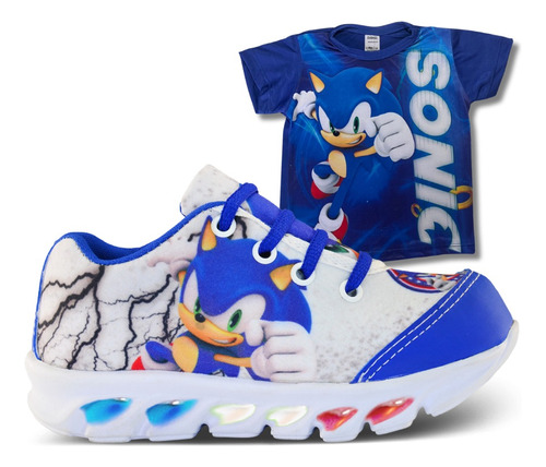 Kit Tenis Infantil De Led Sonic Branco Luzes Mais Camisa