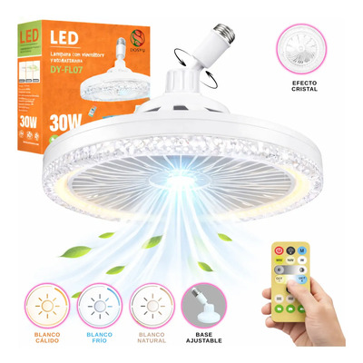 Ventilador Foco Led Fl07 30 Watts Efecto cristal Dimeable Luz Blanco Frio\u002Fnatural\u002Fcálido Abanico Silencioso Con Control Remoto 3 velocidades con Temporizador 26 cm diámetro Marca Dosyu | MercadoLibre