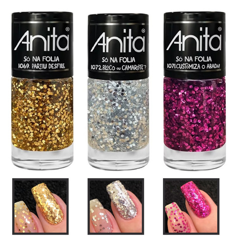 Kit 3 Esmalte Anita Só Folia Carnaval Brilho Glitter Flocado