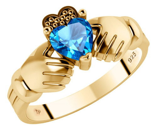 Anel Claddagh Irlandês Prata 925 Dourada 18k - Topázio Azul