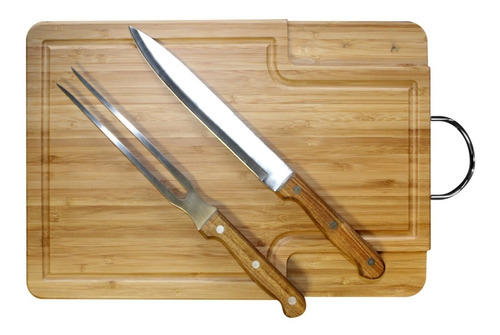 Set Asados Bbq X3 Tablacorte Cuchillo Trinche Steel Inox