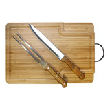 Set Asados Bbq X3 Tablacorte Cuchillo Trinche Steel Inox