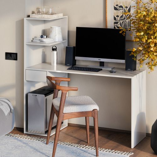 Mesa Escrivaninha Home Infinity Com Prateleiras De Livros E Gaveta Multiuso Para Escritório Office E Quarto De Estudos Cor Branco Mobilimobili