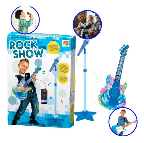 Guitarra Com Microfone Pedestal Meninos Meninas Luz Som Mp3