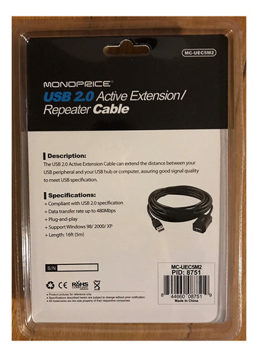 Monoprice - Cable De Extensión/repetidor Activo Usb 2.0 A Ma