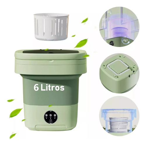 6l Mini Lavadora Portátil Cubeta Plegable Centrifugado Verde