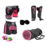 Kit Muay Thai Luva Caneleira Shorts Bolsa Bandagem Infantil 