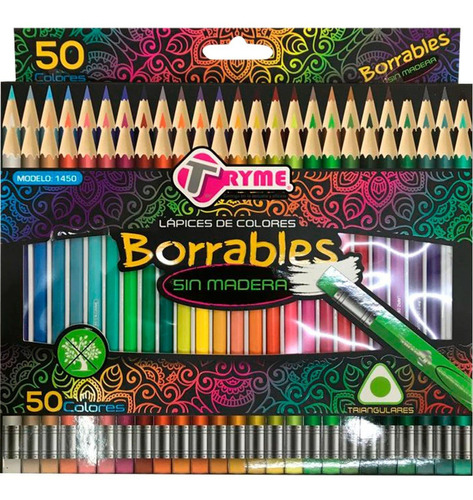 Lapices Colores Borrables Tryme Sin Madera Caja C/50 Piezas