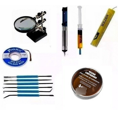 Kit 7 Pzas Soporte Malla Estaño Soldador Desoldado Lupa Flux