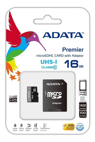 Memoria Adata Micro Sd Hc 16gb Clase 10 Uhs-i 50 Mb/seg
