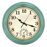 Reloj De Pared Retro Con Termometro, Vintage, Sin Tictac Color De La Estructura Azul Color Del Fondo Beige