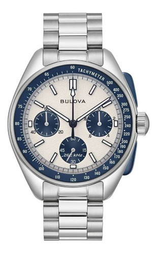 Reloj Pulsera Bulova Lunar Pilot 98k112 De Cuerpo Color Plateado, Analógico, Para Hombre, Fondo Blanco Color, Agujas Color Blanco Y Negro Y Plateado, Dial Blanco Y Negro, Subesferas Color Azul, Minute