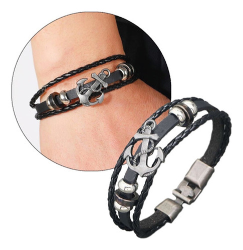 Pulsera Hombre Cuero Genuino Dije Ancla Brazalete Hombres