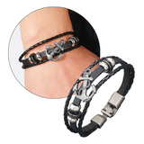 Pulsera Hombre Cuero Genuino Dije Ancla Brazalete Hombres