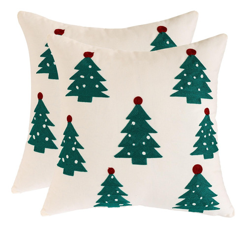 Fundas De Cojin Navideñas Beige Con Pinos Verdes 45x45cm 2p